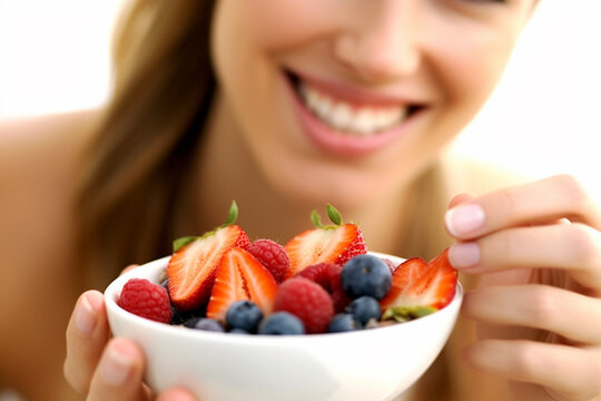 Woman's Mouth Enjoys a Medley of Fresh Fruit Salad Delight AI generated