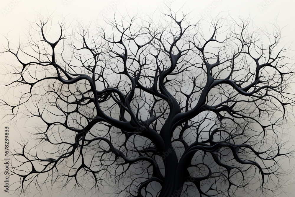 Poster an abstract silhouette of a tree with branches that morph into delicate tendrils, creating an intric