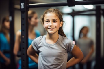 satisfied kid female doing bars in a gym