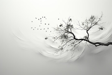 A minimalist abstract silhouette of a single leaf falling, capturing the fleeting beauty of nature's cycles.