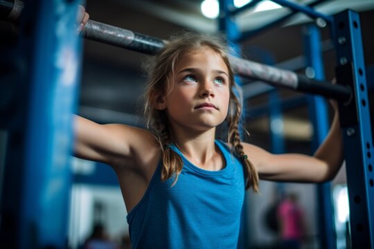 satisfied kid female doing bars in a gym