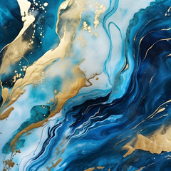 Abstract marbling marble oil acrylic paint background illustration art wallpaper. Blue gold color with waving waves swirls liquid fluid marbled texture banner painting texture. Generative AI.