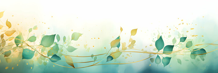 Watercolor abstract background with green leaves, copy space, design header, banner, web, wallpaper, seasonal spring summer backdrop. Generative AI