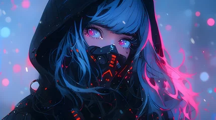 Afwasbaar Fotobehang Auto cartoon Synthwave anime manga girl, lofi background wallpaper design, neon, woman, hoodie, cyber punk, steam punk, gas mask