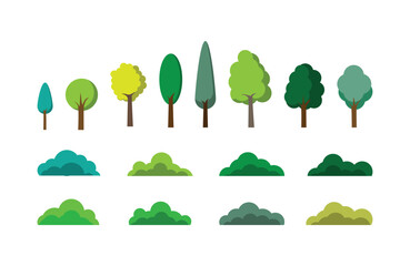 Set of original trees and bushes on white. Trees and bushes of different types for origami. Flat. Vector