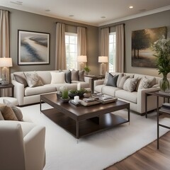 Living Room Elegance: Showcasing a sophisticated living room with plush sofas, elegant coffee tables, and tasteful wall art. Emphasis on natural lighting and comfort.