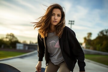 Fototapeta premium serious girl in her 30s skateboarding in a skatepark