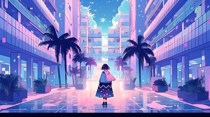 Fototapeta premium Synthwave anime manga girl, lofi bacground wallpaper design