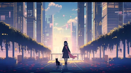 Synthwave anime manga girl, lofi bacground wallpaper design