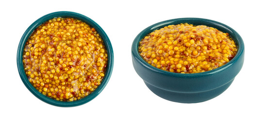 Bowl with french mustard isolated on white background with full depth of field. Top view. Flat lay.