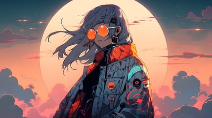 Synthwave anime manga girl, lofi bacground wallpaper design