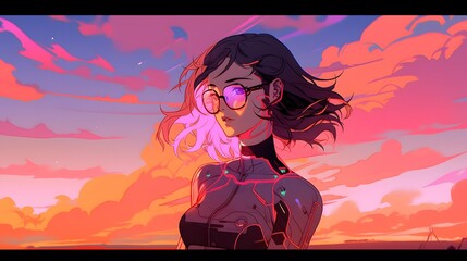 Synthwave anime manga girl, lofi bacground wallpaper design