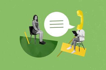 Composite photo creative collage of pleasant girl sit on chair talk with headless interviewer on phone isolated on green color background - obrazy, fototapety, plakaty