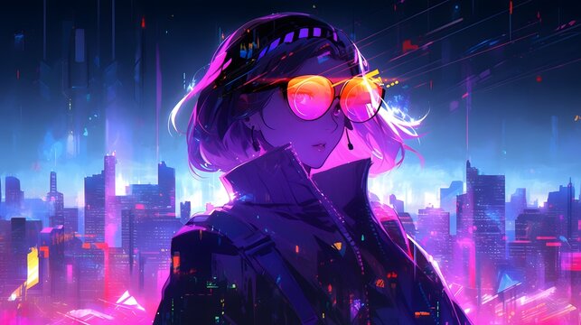Synthwave anime manga girl, lofi bacground wallpaper design