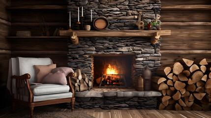 cabin interior design with roaring fireplace cozy armchair - obrazy, fototapety, plakaty