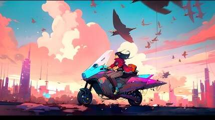 Synthwave anime manga girl, lofi bacground wallpaper design