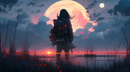 Synthwave anime manga girl, lofi bacground wallpaper design