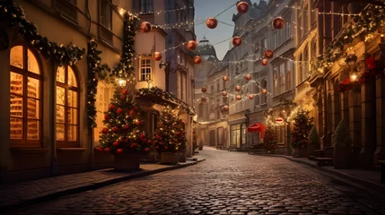 Foto op Canvas Beautiful Christmas atmosphere in european city at night with lots of christmas lights, and decoration © petrrgoskov