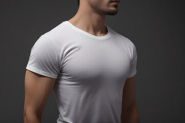 White T-Shirt Mockup on Male Model. Blank White T Shirt for Mockup on Well-Built Gentleman. White Round Neck Tee Design Template on Male Model.