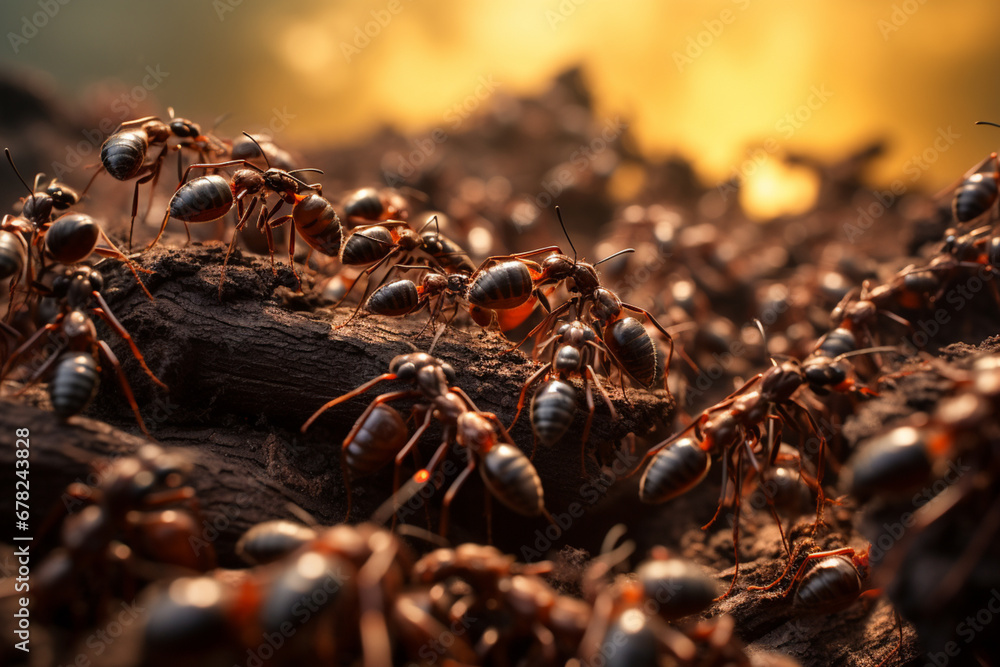 Poster a swarming army ant colony on the move, their synchronized motion creating a dynamic and ominous sce