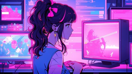Synthwave anime manga girl, lofi bacground wallpaper design
