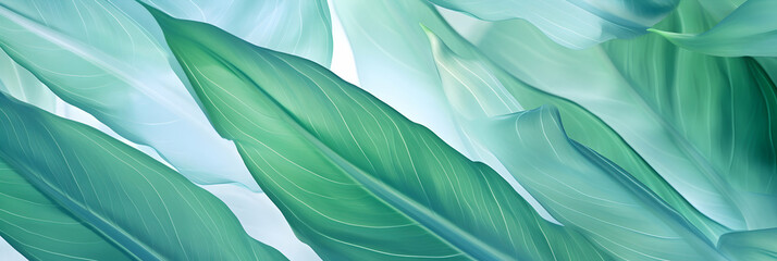 Tropical leaves banner, macro nature, background texture pattern, abstract translucent layered wallpaper, generative ai