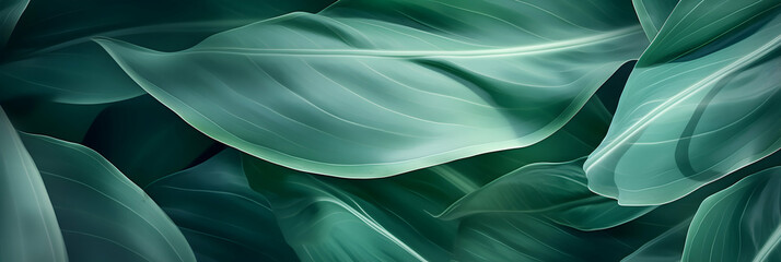 Tropical leaves banner, macro nature, background texture pattern, abstract translucent layered wallpaper, generative ai