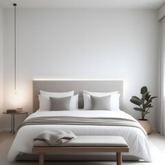 Minimalist Bedroom: A serene bedroom with minimalistic furniture, neutral colors, soft bedding, and subtle lighting for a calm and relaxing atmosphere.

