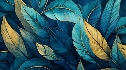 Tropical leaves with gold line art details and dark moody background wallpaper texture illustration, generative ai