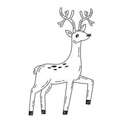 Cute Christmas deer. New Years decor element in doodle style. Festive deer. Hand drawn stock illustration on isolated white background.
