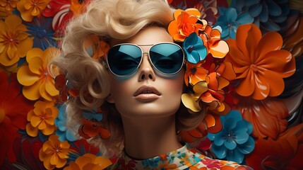 a beautiful high fashion lady with cool sunglasses in front of a crazy multicolored abstract background