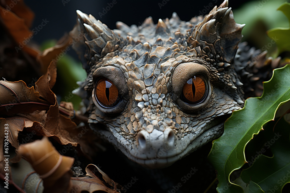 Poster a camouflaged leaf-tailed gecko blending perfectly with a tree trunk, its flattened body resembling 