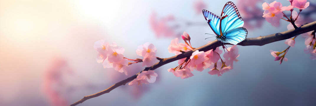 Beautiful butterfly in flight and branch of flowering apricot cherry tree in spring on light blue and violet background macro. Elegant artistic image nature. Banner format, copy space. Generative AI.