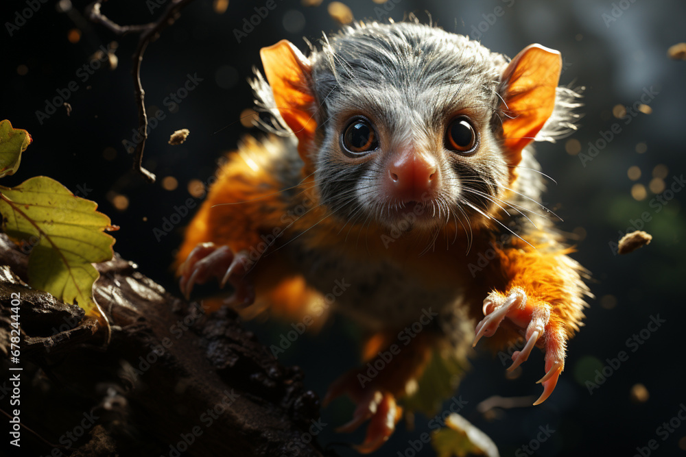 Poster a squirrel monkey deftly leaping from tree to tree, its long tail helping it to balance as it naviga