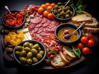 Fototapeta premium Italian Antipasti Set with Small Peppers Stuffed with Cream Cheese, Pickled Olives, Marinated Mushrooms,