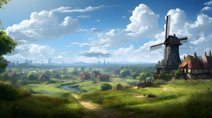 illustration Traditional of stone and wood Windmill, summer green meadows, daylight, river, lake