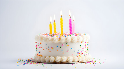 Birthday Drip Cake lots of pink candles with vanilla ganache and colorful sprinkles on a light background banner. Copy space. Celebration concept. Trendy Drip Cake. Selective focus.