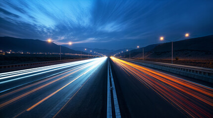Long exposure on a straight highway road during the night, orange and blue lines - obrazy, fototapety, plakaty