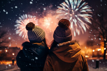 Firework show midnight new year night young people watching amazing show Generative AI picture