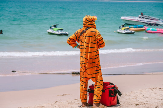 Seller dressed as orange tiger stands on a beach with big red thermal insulated bag selling ice cream to tourists. Rear side photo, Thailand