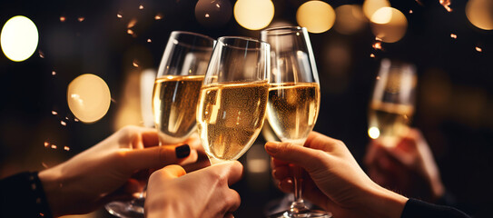 People hold glasses of champagne and make a toast. Champagne with blurred background.Celebrating Christmas or New Year's party. ai generative