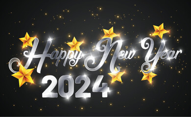 Happy New Year of glitter silver color fireworks. Vector silver glittering text and 2024 numbers with sparkle shine for holiday greeting card.