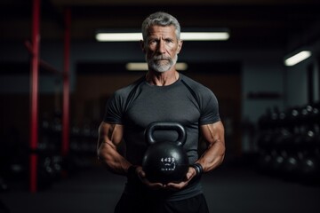 Photography in the style of pensive portraiture of a concentrated mature man doing kettlebell exercises in an empty room. With generative AI technology