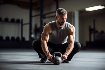 Photography in the style of pensive portraiture of a concentrated mature man doing kettlebell exercises in an empty room. With generative AI technology - obrazy, fototapety, plakaty