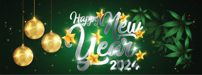 Happy New Year 2024 silver with gold - New Year Shining background with marijuana leaf. Vector illustration... - obrazy, fototapety, plakaty