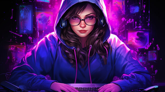 A beautiful hacker girl is sitting with headphones on her laptop. Fantasy concept , Illustration painting.