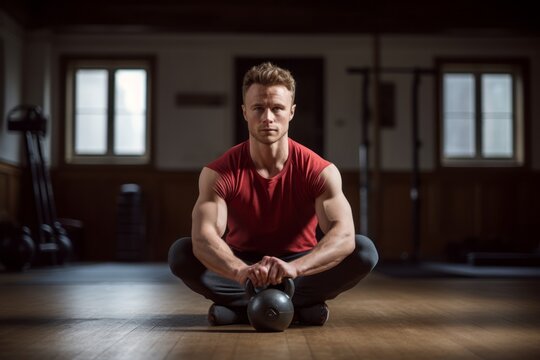 Sports portrait photography of a relaxed boy in his 20s doing kettlebell exercises in an empty room. With generative AI technology