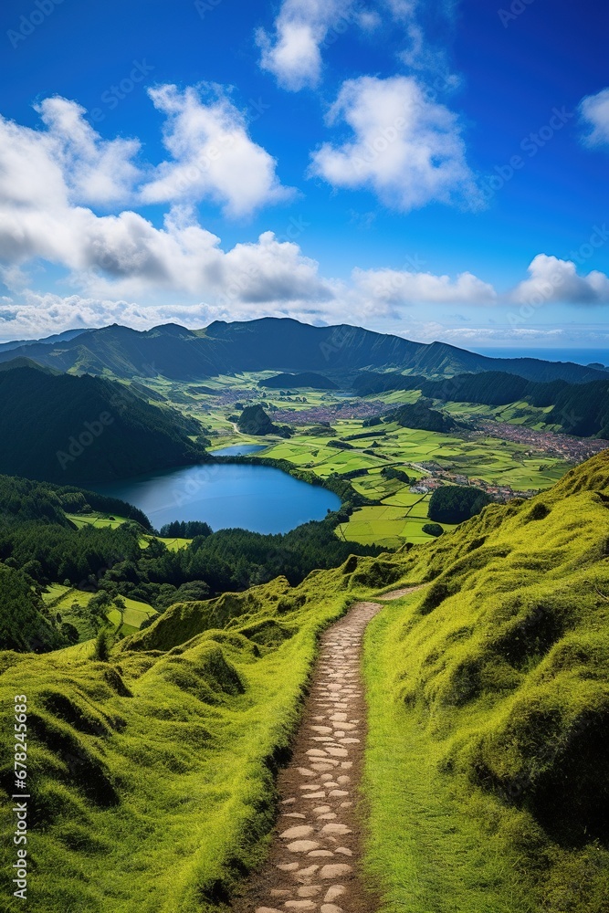 Wall mural Walking path to the lake in the mountains, Azores, Portugal