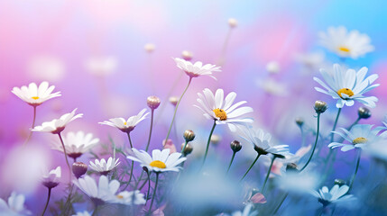 Beautiful wildflowers chamomile, purple coloring. Landscape wide format, copy space, cool blue tones. Meadow garden background, wallpaper. Generative ai.