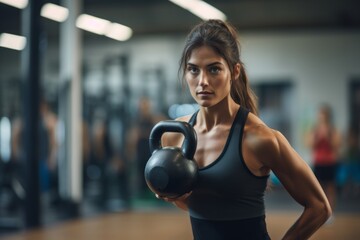Lifestyle portrait photography of a handsome girl in her 20s doing kettlebell exercises in a gym. With generative AI technology - obrazy, fototapety, plakaty